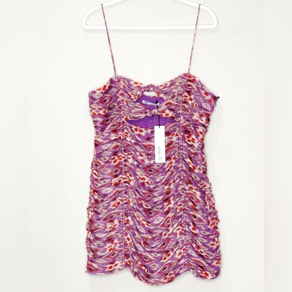 Zara Mini Chiffon Printed Dress‎ Purple Gold Sparkle Spaghetti Straps Size XL